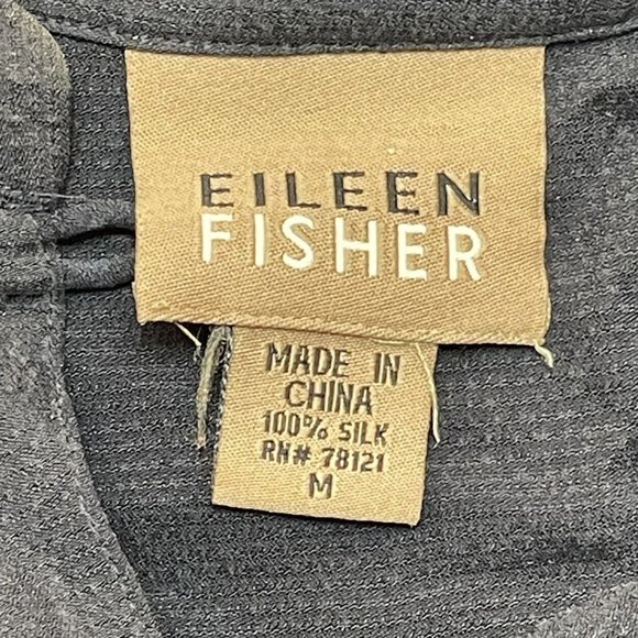 Eileen Fisher 100% Silk Button‎ Up Tunic Blouse Size Medium Black Shirt - Picture 5 of 8